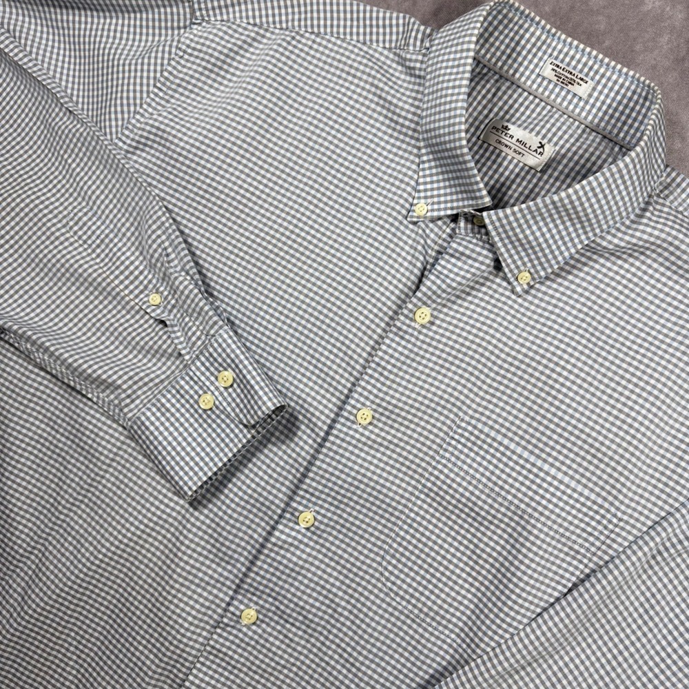 Peter Millar Crown Soft Mens XXL Blue Grey Gingham Cotton Silk Shirt MS18W104NBL